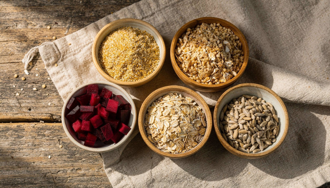 Bowls of wheat germ, mixed grains, diced beet, rolled oats, and sunflower seeds arranged on linen over a weathered wooden table