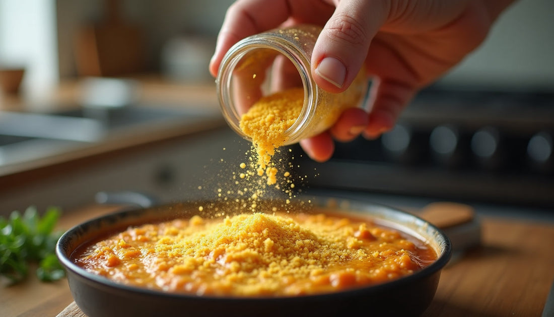 A hand sprinkling golden nutritional yeast flakes from a small jar over a bowl of popcorn on a kitchen counter