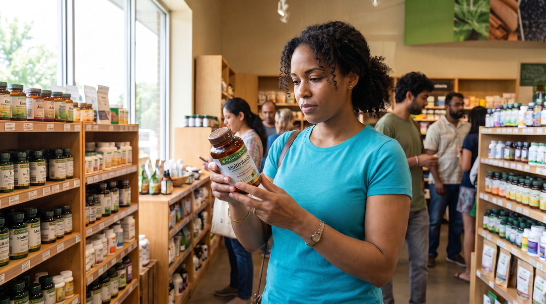A woman in a store aisle reading the label on a supplement bottle, shelves of products behind her