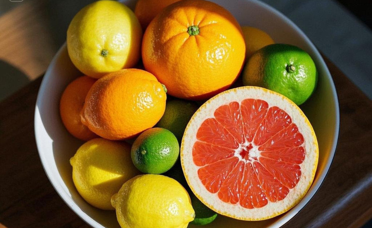 A bowl of oranges, lemons, limes and a halved grapefruit