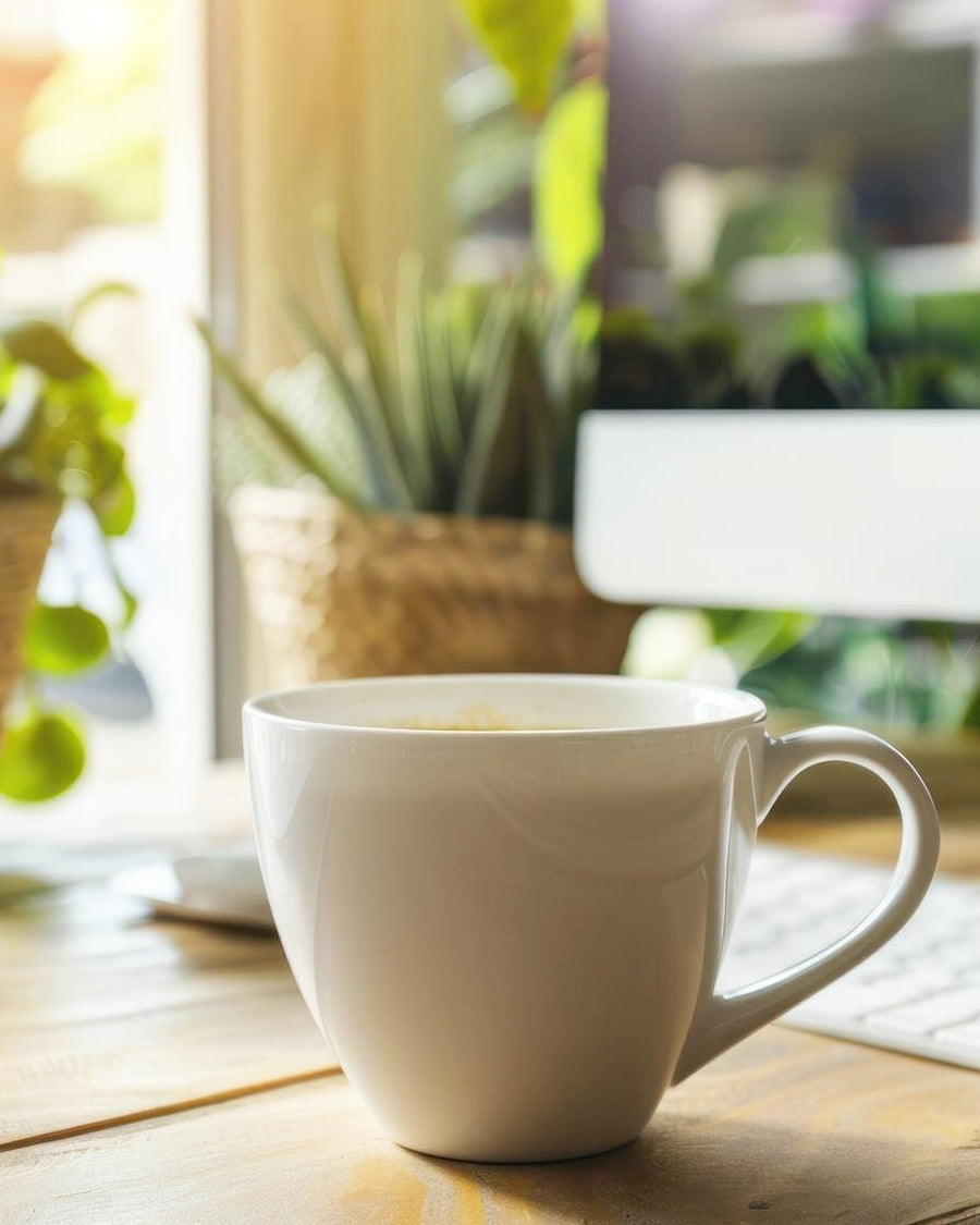 A coffee mug on a desk by a window in afternoon light